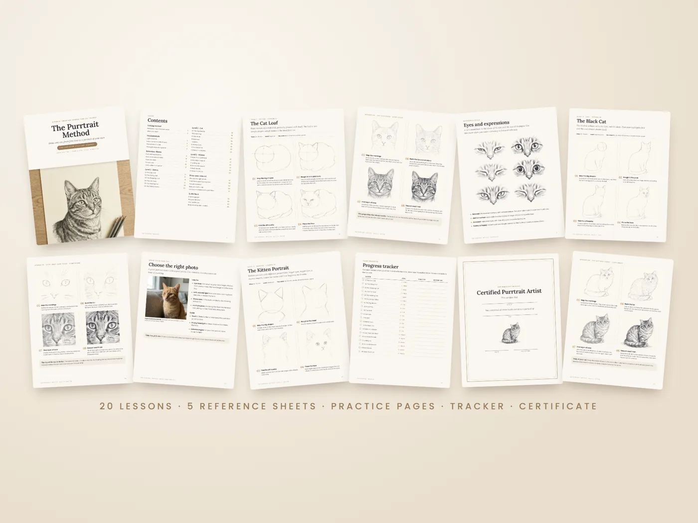 Pages from the book: lessons, reference sheets, tracker and certificate